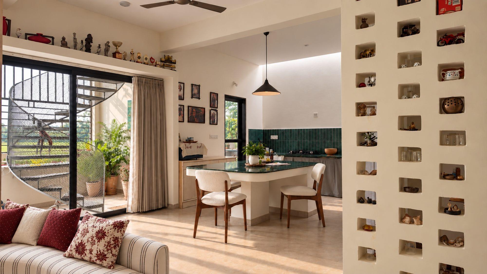 Dining area beside a wall of display niches