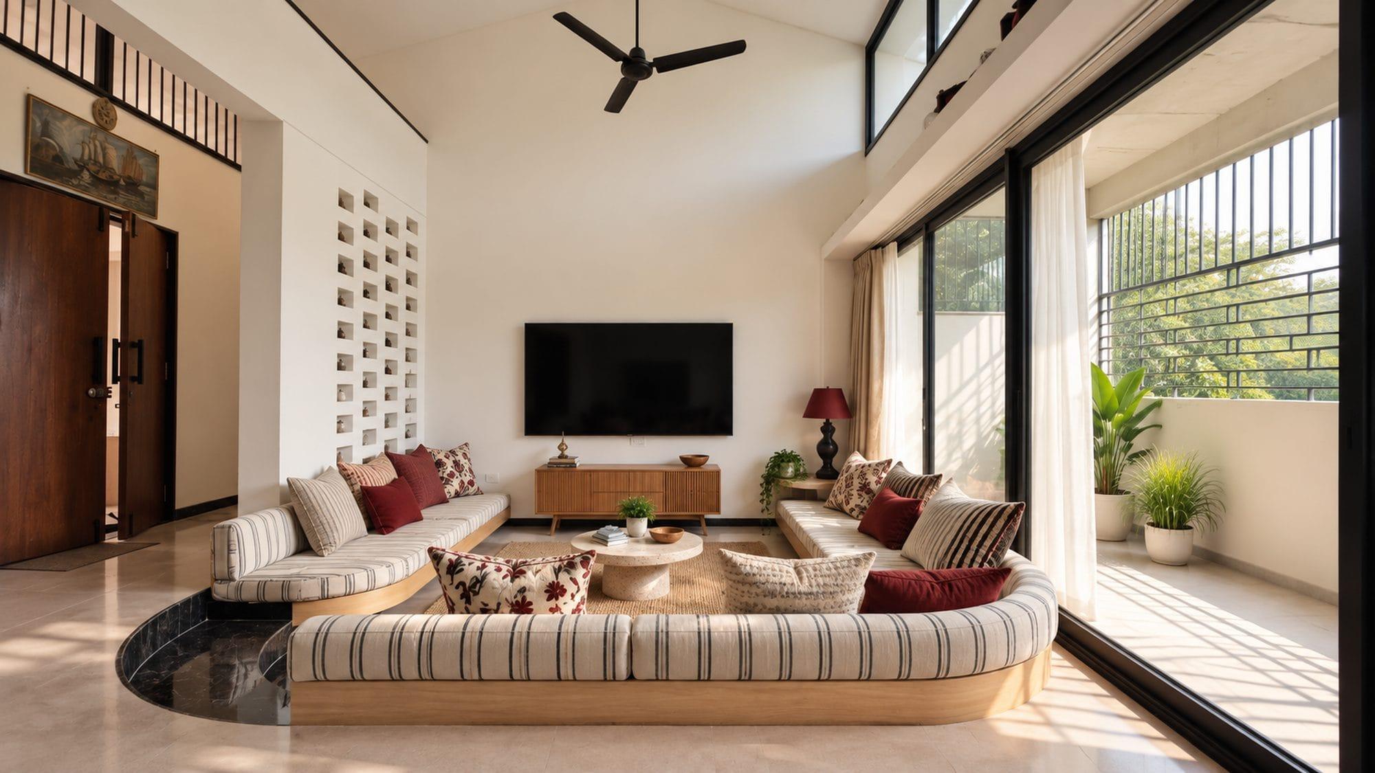 Double-height living room with a sunken seating well