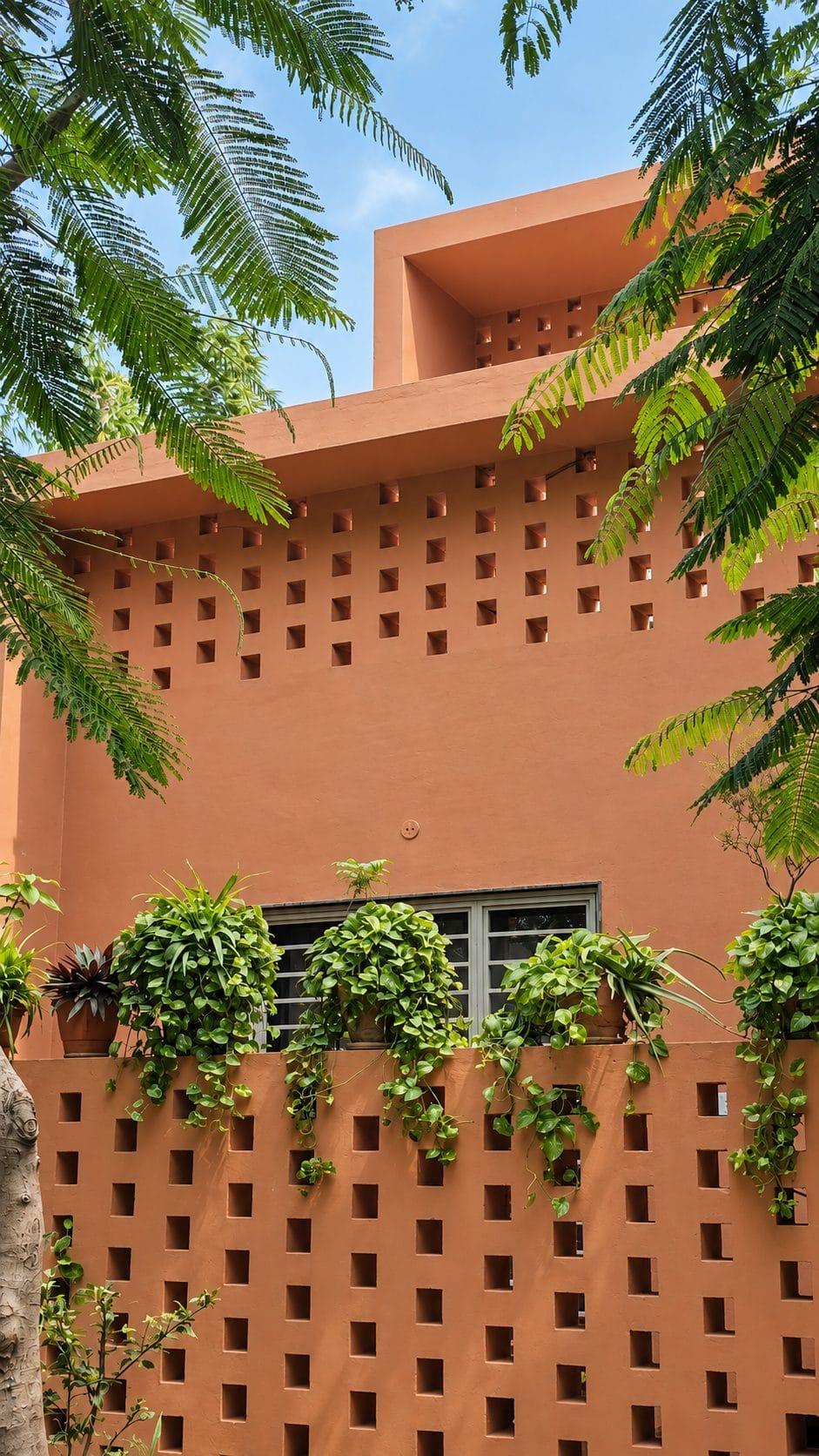 Planters spilling over the perforated brick wall