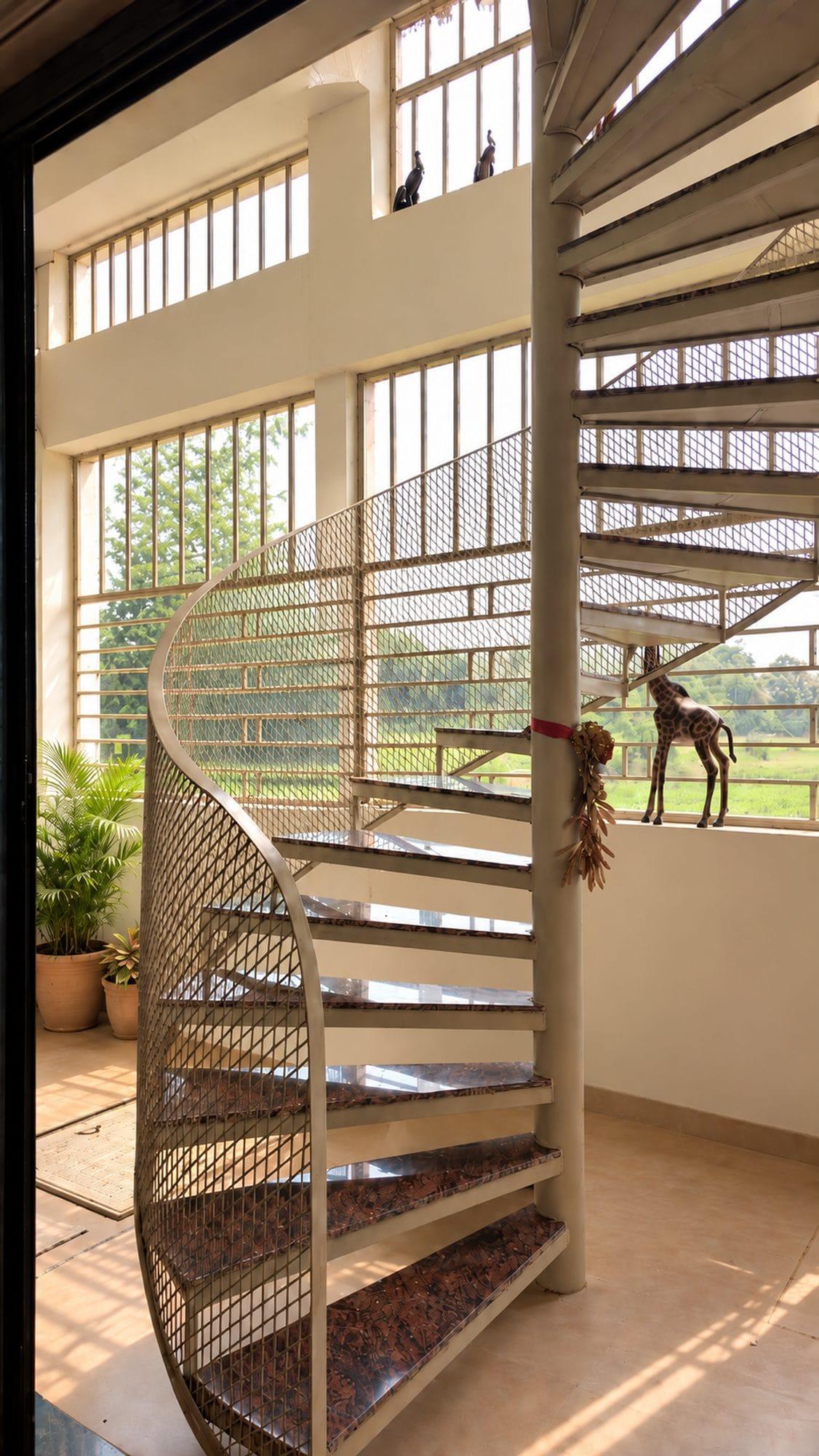 Spiral stair beside tall windows